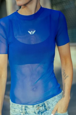 Love for the game; Mesh Top blue; Cologne; Made to Order; Clothing; Design; Viola Sophie; Viola Schuldner; Logo Appliqué